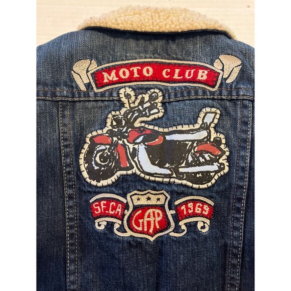 Gap Toddler Moto Club Denim Jacket Sherpa Collar Red Quilted Lining 18-24 Months - Picture 2 of 10